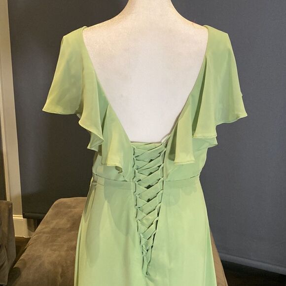Women’s Full Length Green Chiffon Ruffle Dress Corset Back Leg Slit Size 12 - Picture 6 of 9